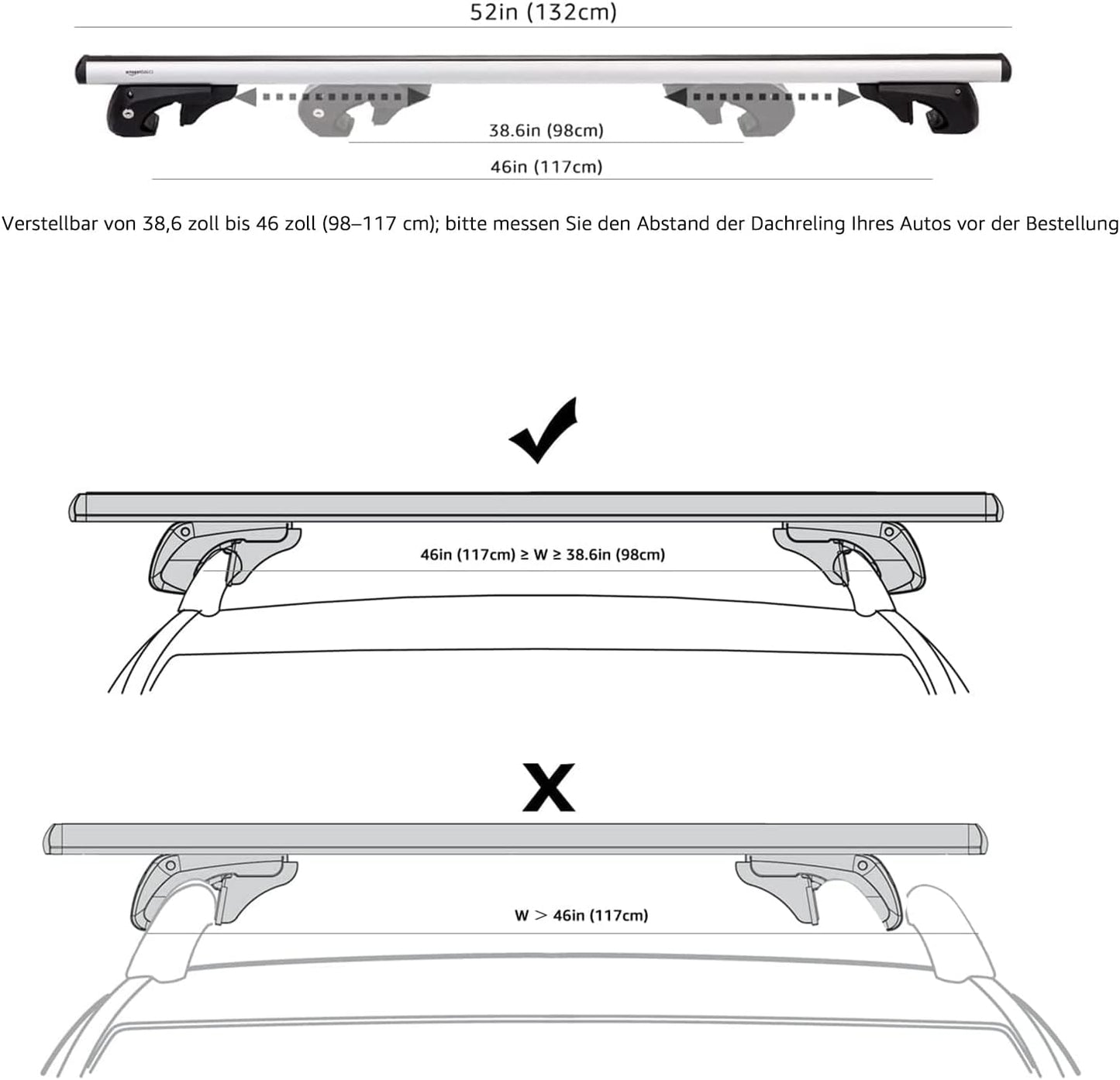 Amazon Basics Dachträger 132.1 cm, für 2 offene Dachrelings mit Abstand 98 bis 116,8 cm, 2-teilig, Schwarz