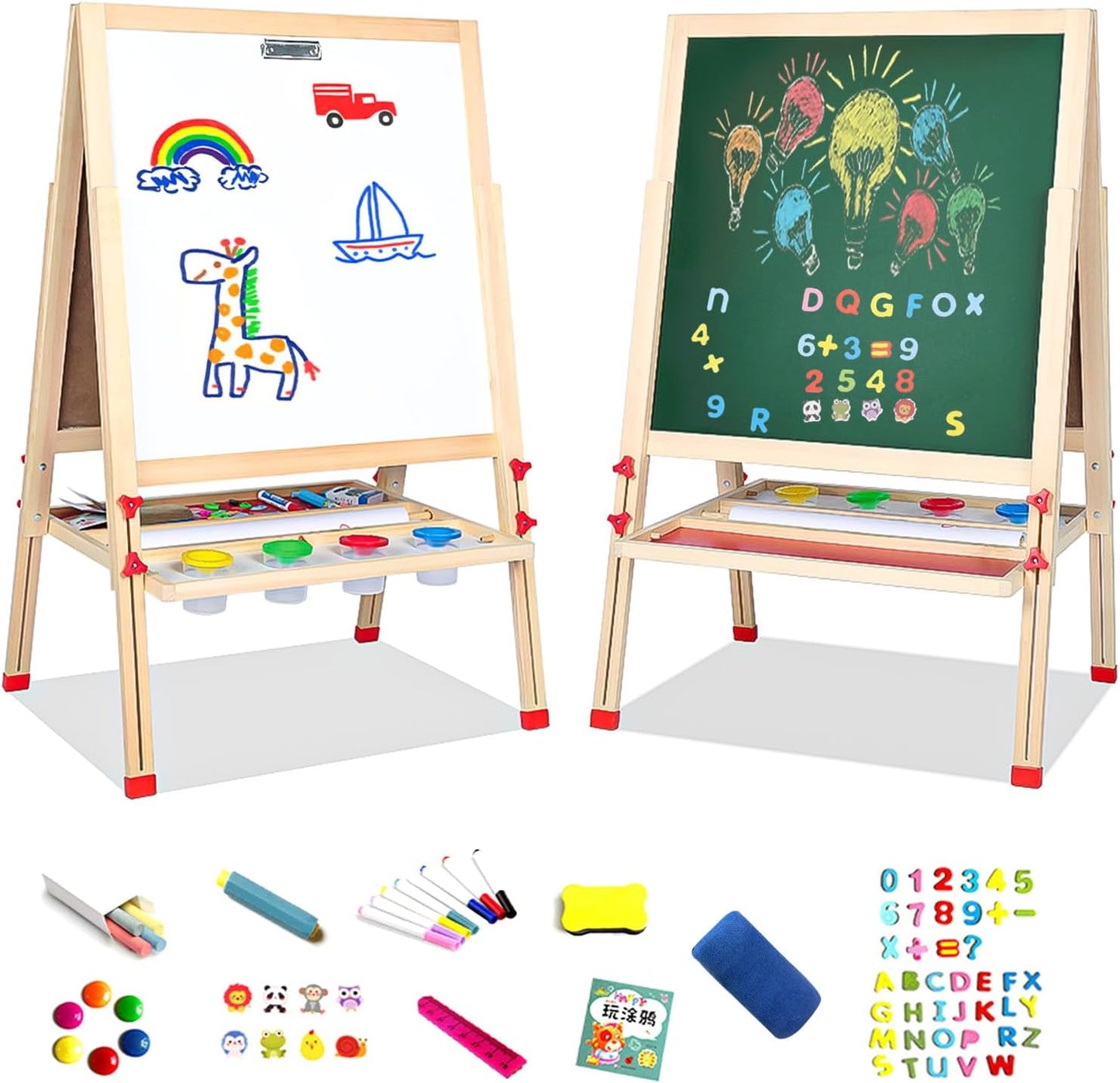 Savieva Holz Doppelseitige Kreidetafel für Kinder Tafel Malerei Holztafel Maltafel Schreib Schultafel für Kinder ab 3-15 Jahre ,Kreidetafel und Whiteboard Höhenverstellbar Standtafel (Extra groß)