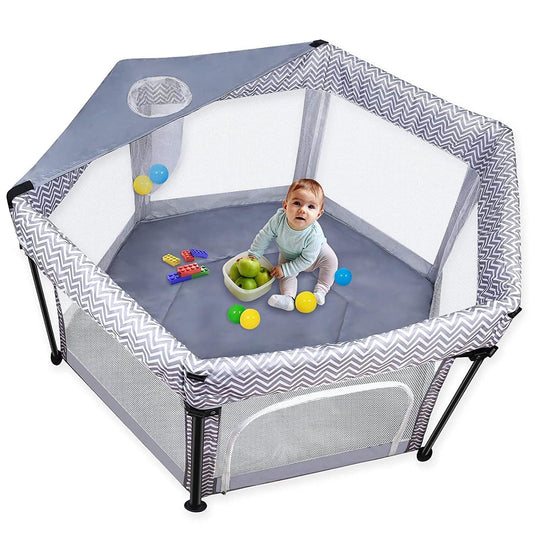 Kisdream Laufstall baby Mit Matratze Laufgitter: 6-eckig mit Weiche Matratze, Tragbarer Faltbarer Abnehmbarer Baby-Sicherheitslaufstall, Absperrgitter mit Atmungsaktivem Netz,Grau