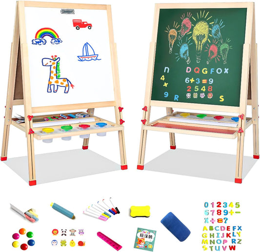 Savieva Holz Doppelseitige Kreidetafel für Kinder Tafel Malerei Holztafel Maltafel Schreib Schultafel für Kinder ab 3-15 Jahre ，Kreidetafel und Whiteboard Höhenverstellbar Standtafel (Extra groß)